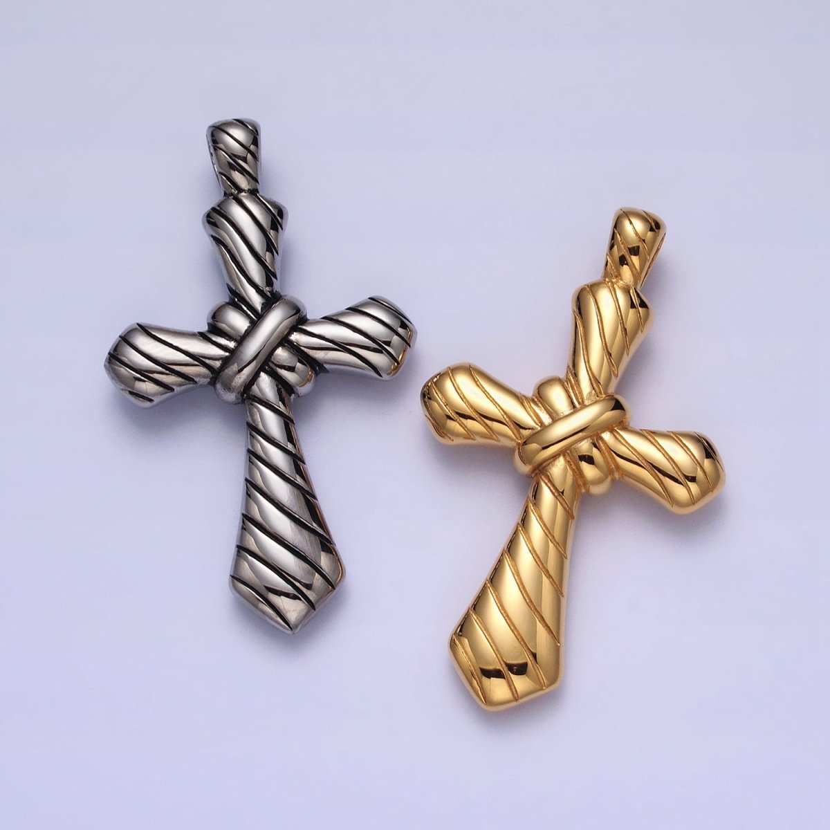 Stainless Steel Religious Passion Cross Line-Textured Tied Pendant in Gold &amp; Silver J-730 J-739