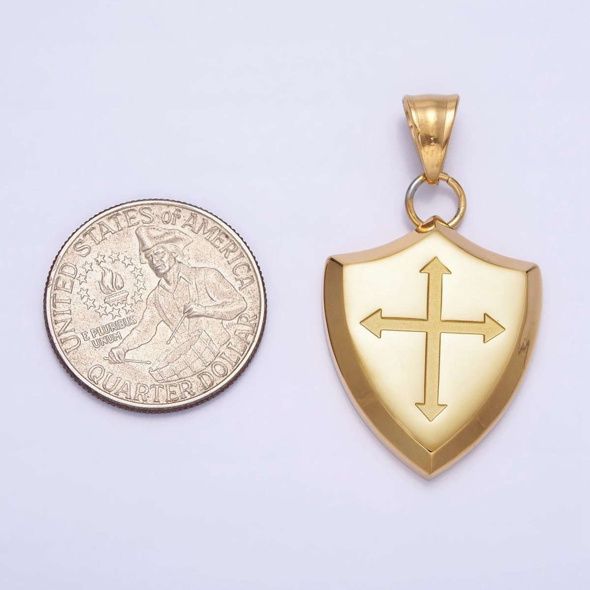 Stainless Steel Religious Passion Cross Shield Crest Pendant in Silver &amp; Gold | P-1134