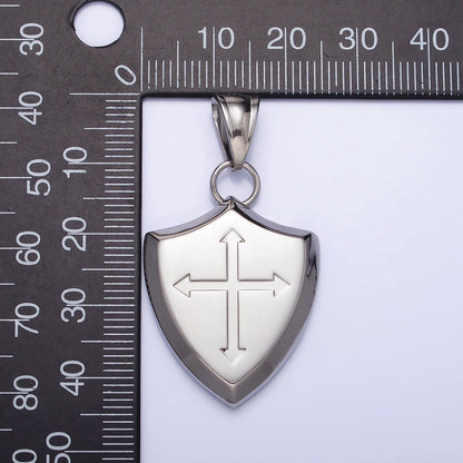 Stainless Steel Religious Passion Cross Shield Crest Pendant in Silver &amp; Gold | P-1134