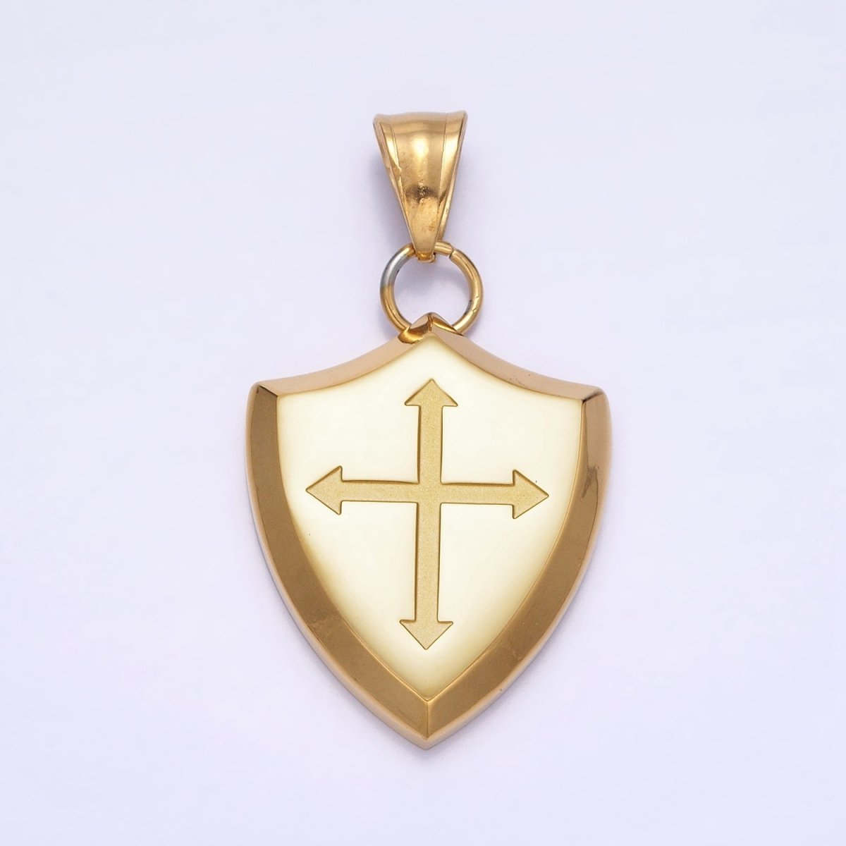 Stainless Steel Religious Passion Cross Shield Crest Pendant in Silver &amp; Gold | P-1134