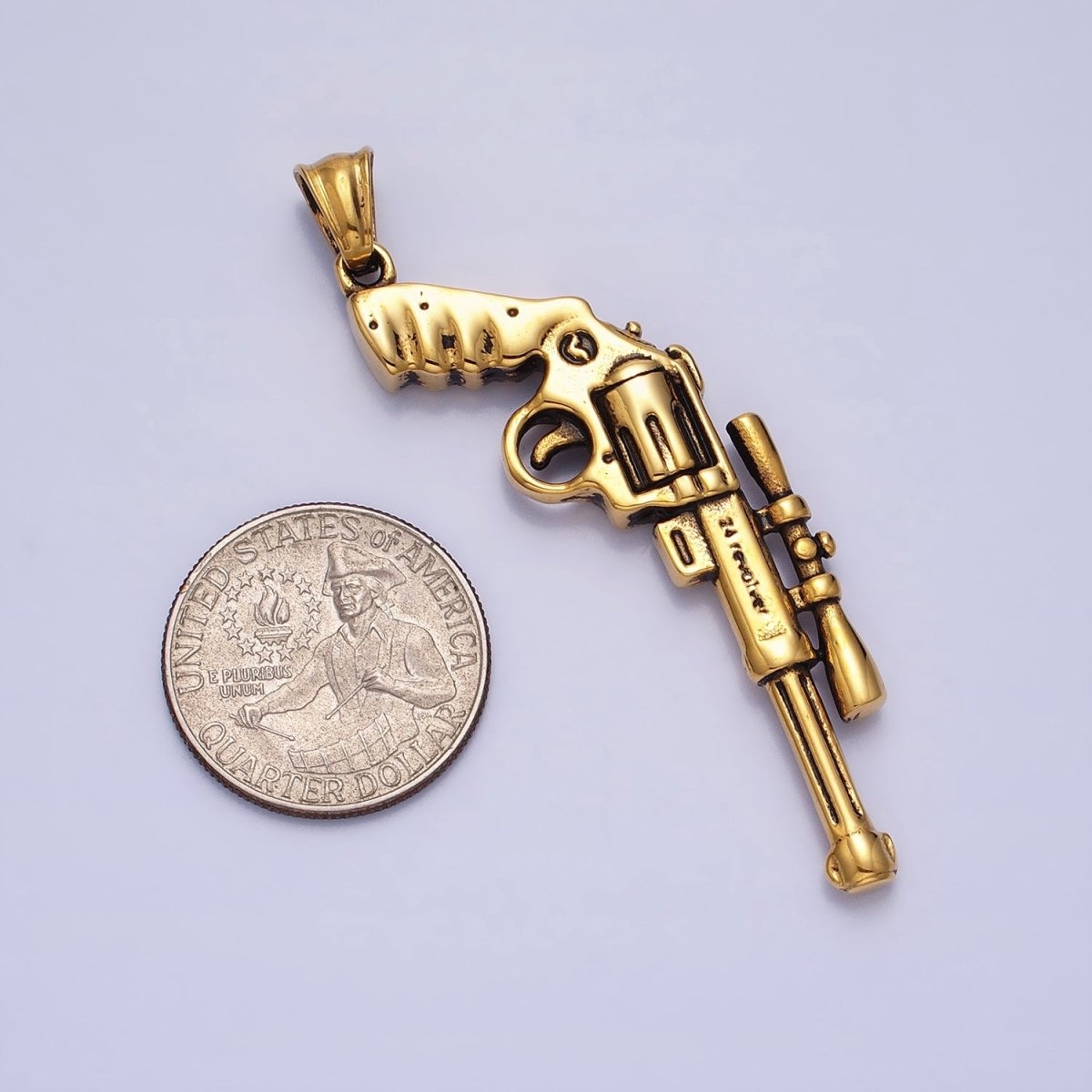 Stainless Steel Revolver Rifle Gun Weapon Pendant in Gold &amp; Silver P-1147