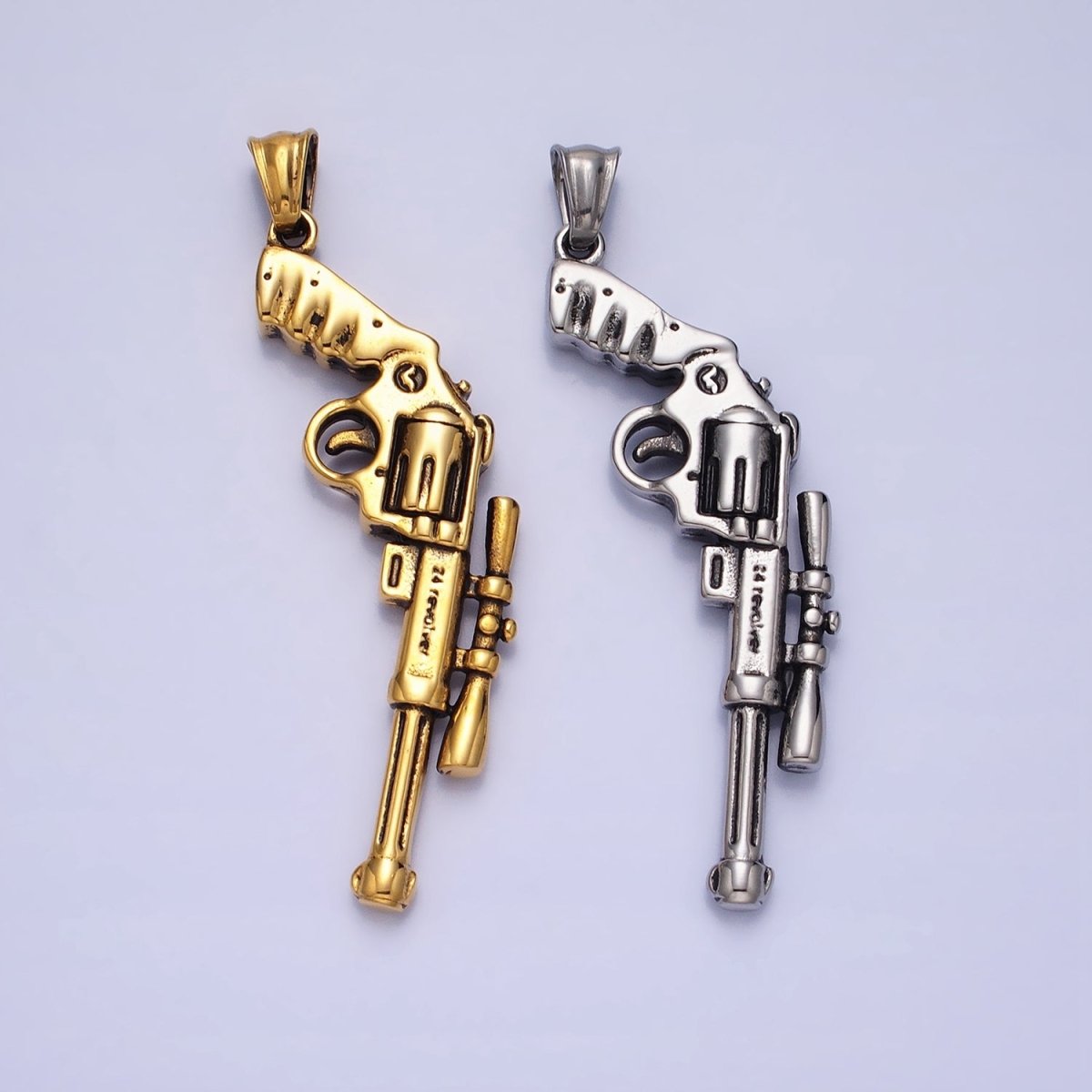 Stainless Steel Revolver Rifle Gun Weapon Pendant in Gold &amp; Silver P-1147