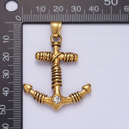 Stainless Steel Rope Tied Clear Round CZ Nautical Anchor Ship Pendant in Gold &amp; Silver | P-1105