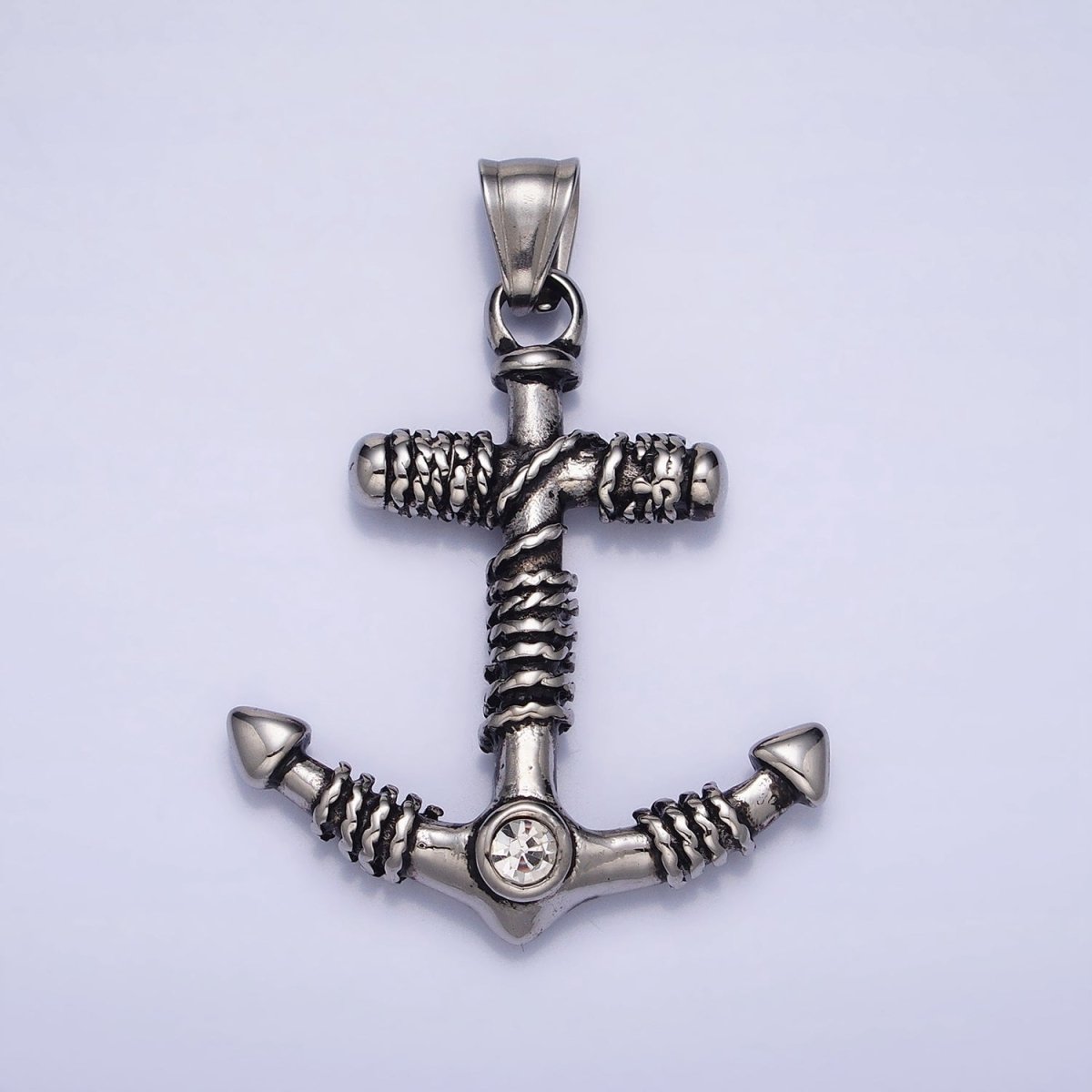Stainless Steel Rope Tied Clear Round CZ Nautical Anchor Ship Pendant in Gold &amp; Silver | P-1105