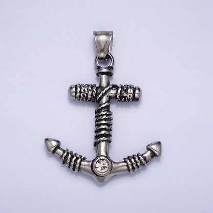 Stainless Steel Rope Tied Clear Round CZ Nautical Anchor Ship Pendant in Gold &amp; Silver | P-1105