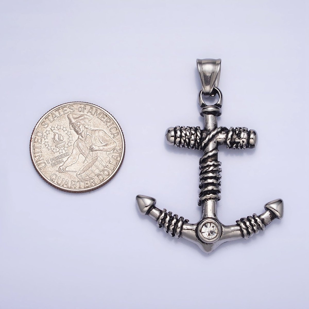 Stainless Steel Rope Tied Clear Round CZ Nautical Anchor Ship Pendant in Gold &amp; Silver | P-1105