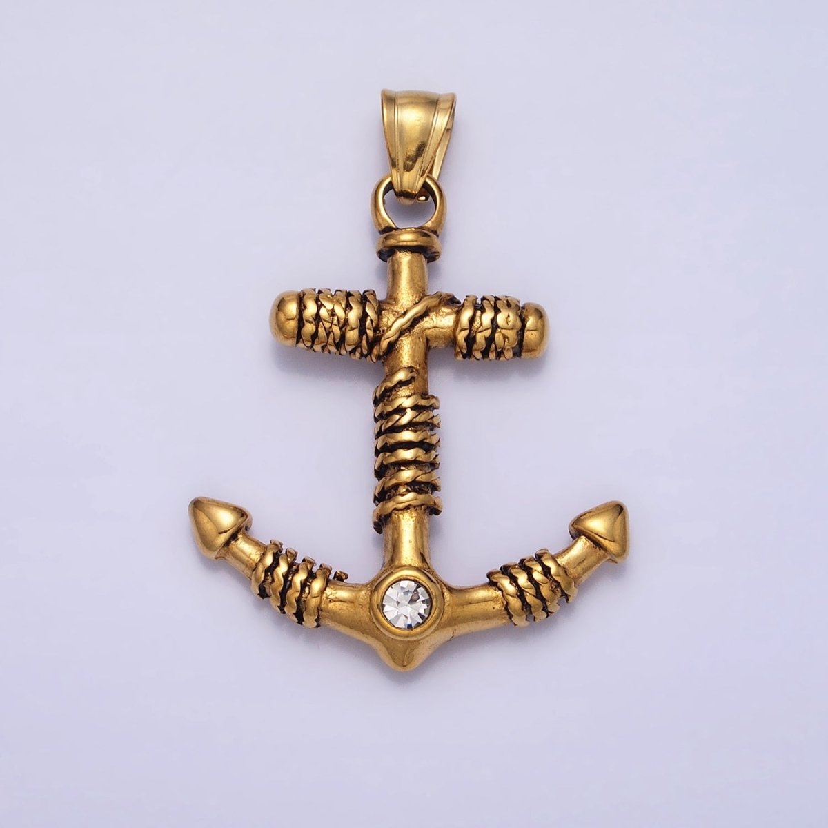 Stainless Steel Rope Tied Clear Round CZ Nautical Anchor Ship Pendant in Gold &amp; Silver | P-1105