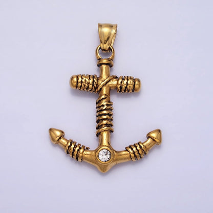 Stainless Steel Rope Tied Clear Round CZ Nautical Anchor Ship Pendant in Gold &amp; Silver | P-1105