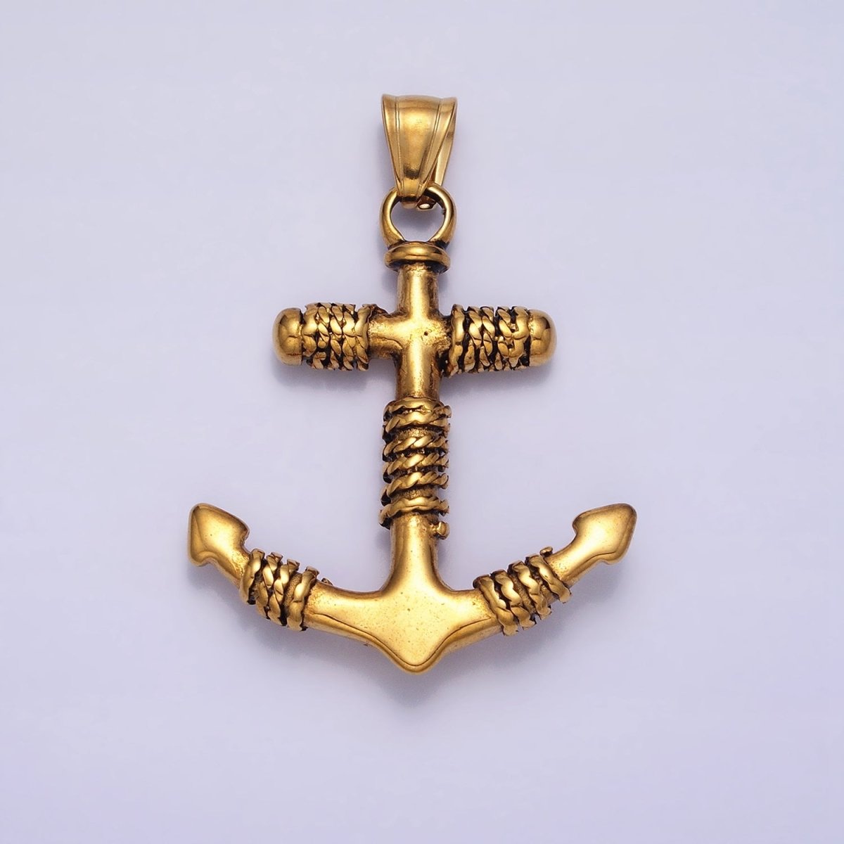 Stainless Steel Rope Tied Clear Round CZ Nautical Anchor Ship Pendant in Gold &amp; Silver | P-1105