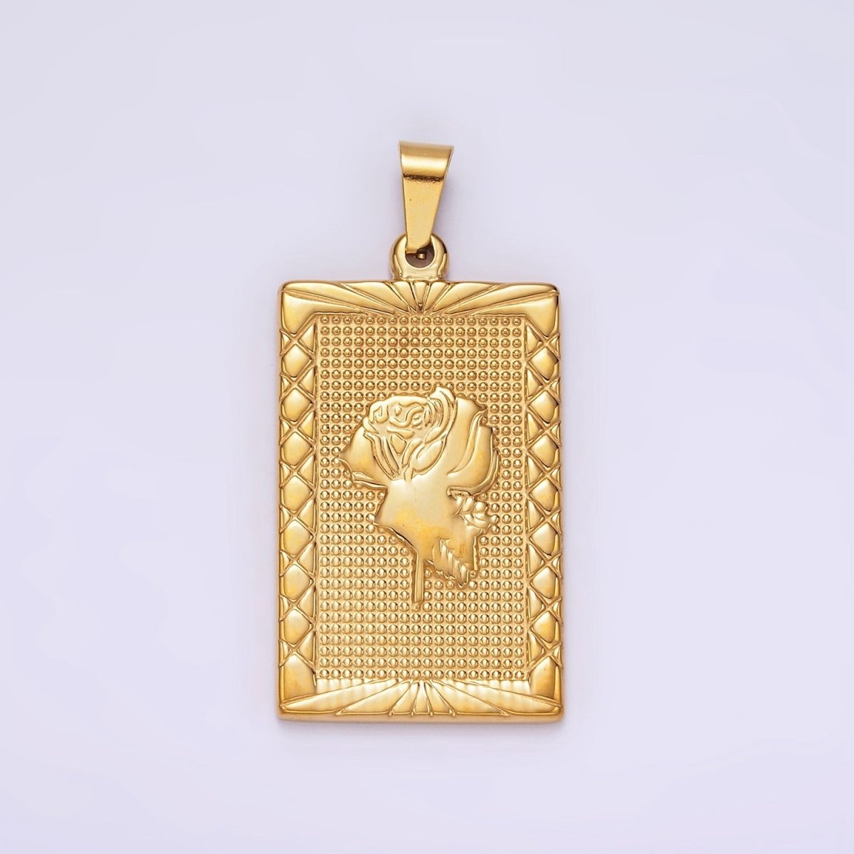 Stainless Steel Rose Flower Line-Textured Rectangular Tag Pendant in Gold &amp; Silver | P1050 P1051