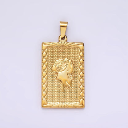 Stainless Steel Rose Flower Line-Textured Rectangular Tag Pendant in Gold &amp; Silver | P1050 P1051
