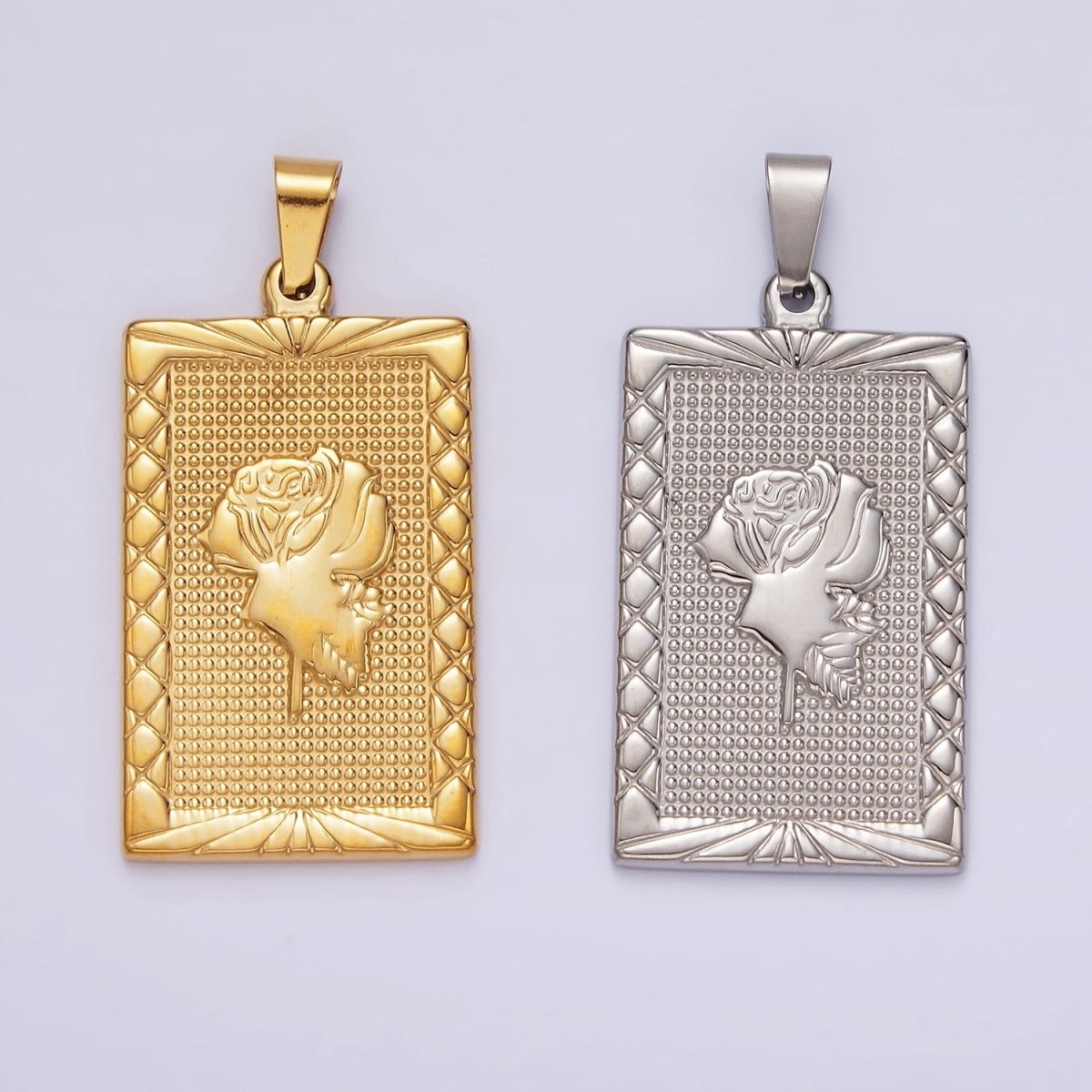 Stainless Steel Rose Flower Line-Textured Rectangular Tag Pendant in Gold &amp; Silver | P1050 P1051
