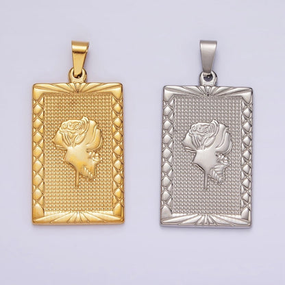 Stainless Steel Rose Flower Line-Textured Rectangular Tag Pendant in Gold &amp; Silver | P1050 P1051