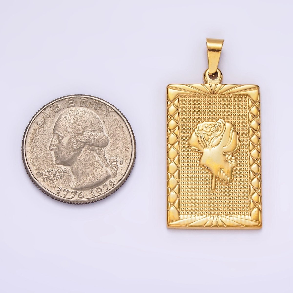 Stainless Steel Rose Flower Line-Textured Rectangular Tag Pendant in Gold &amp; Silver | P1050 P1051