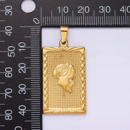 Stainless Steel Rose Flower Line-Textured Rectangular Tag Pendant in Gold &amp; Silver | P1050 P1051