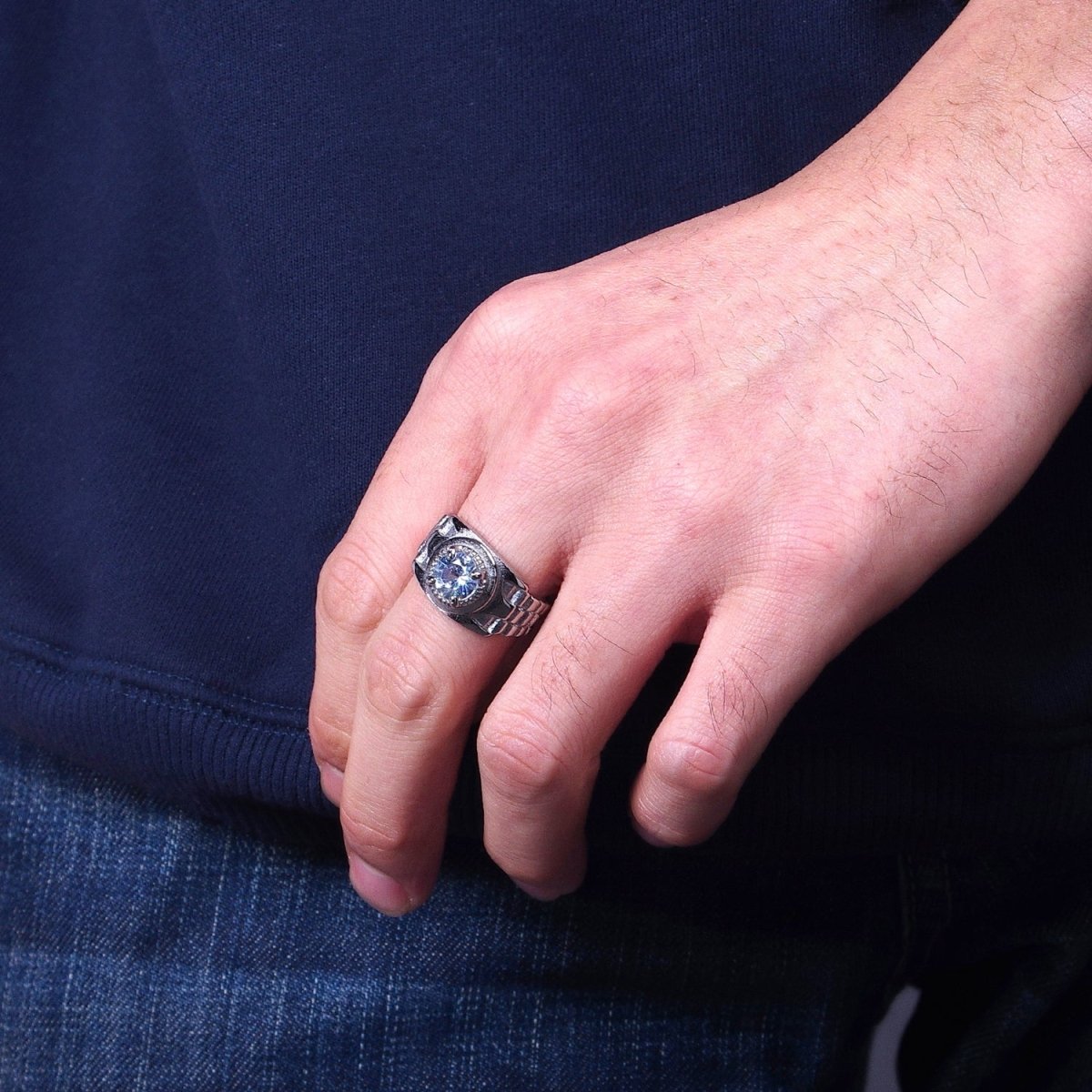 Stainless Steel Round Clear CZ Solitaire Checkered Signet Ring in Gold &amp; Silver | O-1954 O-1955 O-1956 O-1957