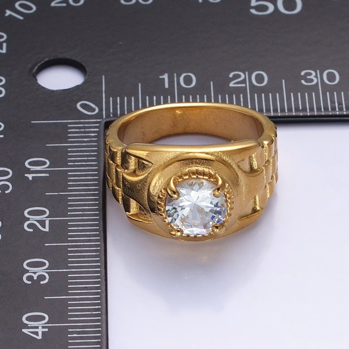 Stainless Steel Round Clear CZ Solitaire Checkered Signet Ring in Gold &amp; Silver | O-1954 O-1955 O-1956 O-1957