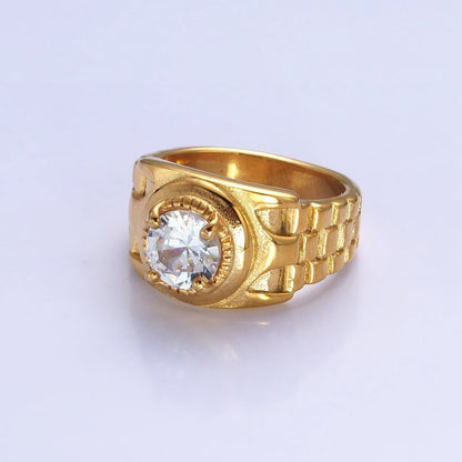 Stainless Steel Round Clear CZ Solitaire Checkered Signet Ring in Gold &amp; Silver | O-1954 O-1955 O-1956 O-1957