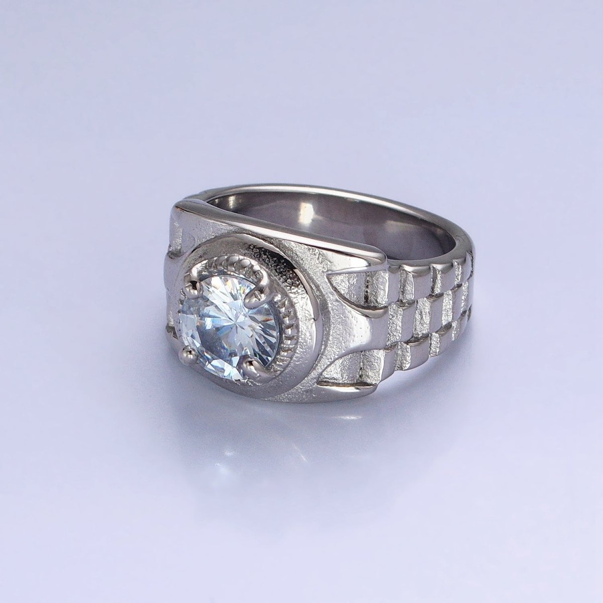Stainless Steel Round Clear CZ Solitaire Checkered Signet Ring in Gold &amp; Silver | O-1954 O-1955 O-1956 O-1957