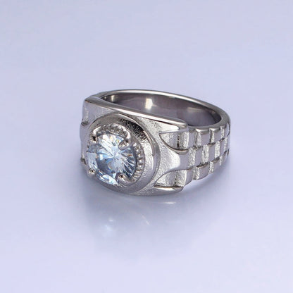 Stainless Steel Round Clear CZ Solitaire Checkered Signet Ring in Gold &amp; Silver | O-1954 O-1955 O-1956 O-1957