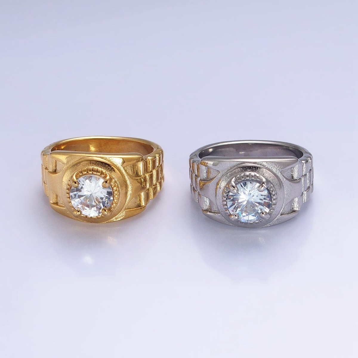 Stainless Steel Round Clear CZ Solitaire Checkered Signet Ring in Gold &amp; Silver | O-1954 O-1955 O-1956 O-1957