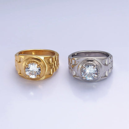 Stainless Steel Round Clear CZ Solitaire Checkered Signet Ring in Gold &amp; Silver | O-1954 O-1955 O-1956 O-1957