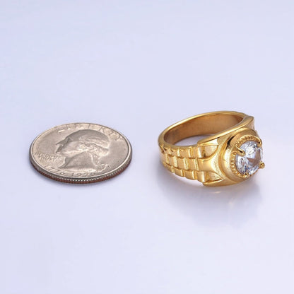 Stainless Steel Round Clear CZ Solitaire Checkered Signet Ring in Gold &amp; Silver | O-1954 O-1955 O-1956 O-1957