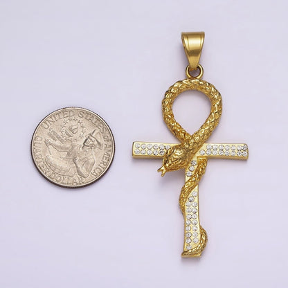 Stainless Steel Scaled Snake Serpent Ankh Egyptian Clear Micro Paved CZ Cross Pendant J-765