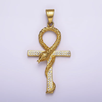 Stainless Steel Scaled Snake Serpent Ankh Egyptian Clear Micro Paved CZ Cross Pendant J-765