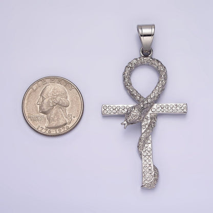 Stainless Steel Scaled Snake Serpent Ankh Egyptian Clear Micro Paved CZ Cross Pendant | P-771