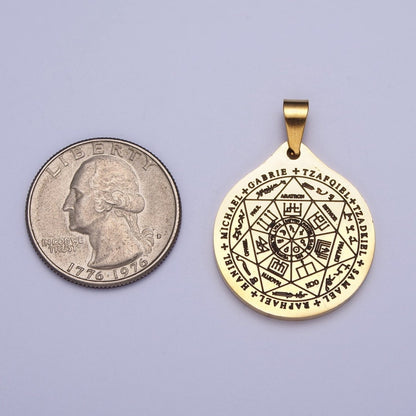 Stainless Steel Seven Archangels Script Engraved Round Medallion Pendant | X655