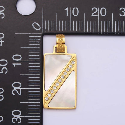 Stainless Steel Shell Pearl Clear Micro Paved CZ Lined Geometric Rectangle Tag Pendant | P-837