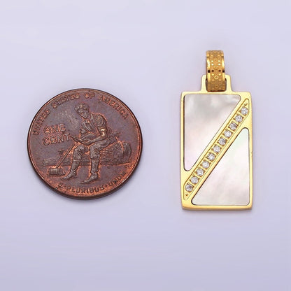 Stainless Steel Shell Pearl Clear Micro Paved CZ Lined Geometric Rectangle Tag Pendant | P-837