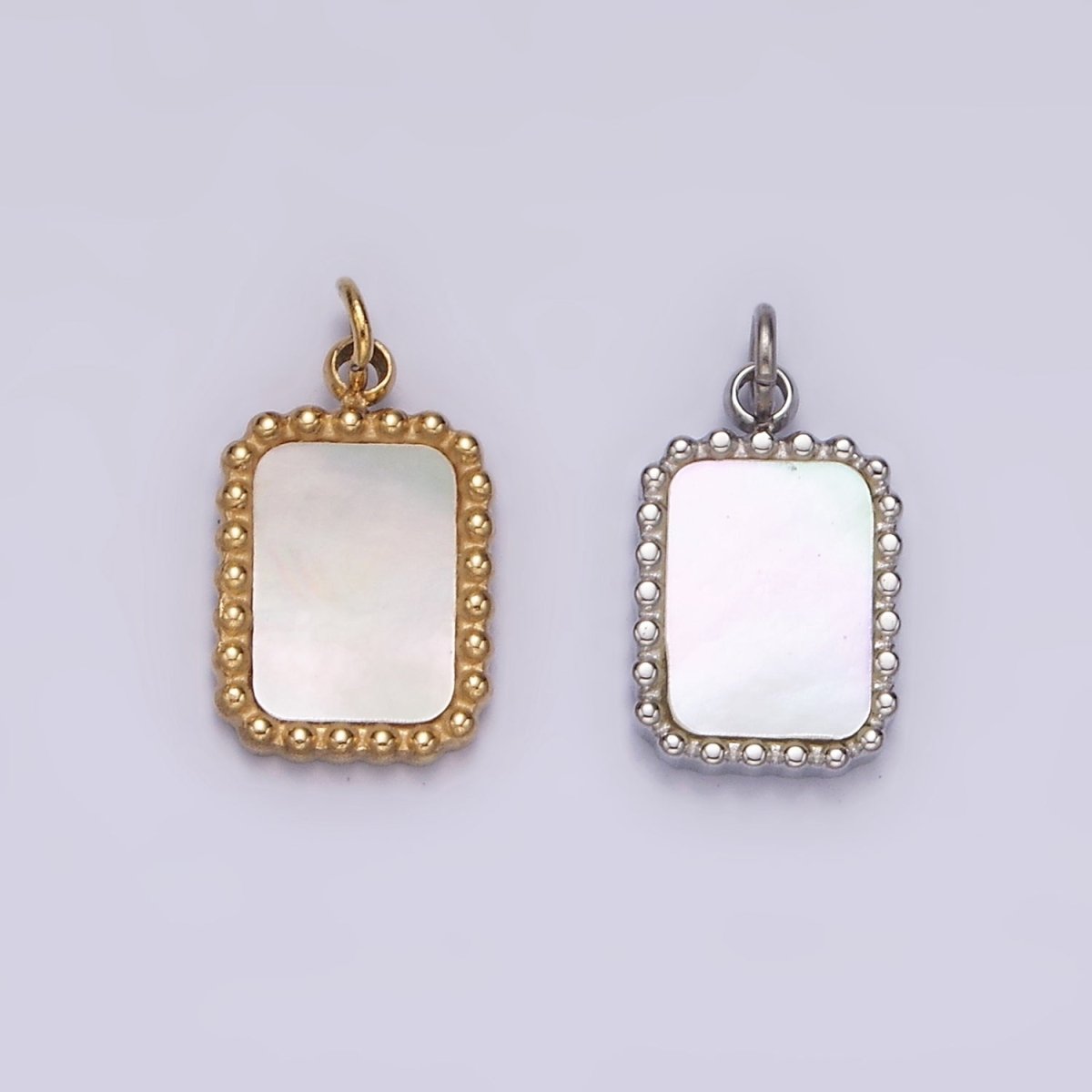 Stainless Steel Shell Pearl Dotted Outline Tag Rectangular Charm in Gold &amp; Silver | P1314