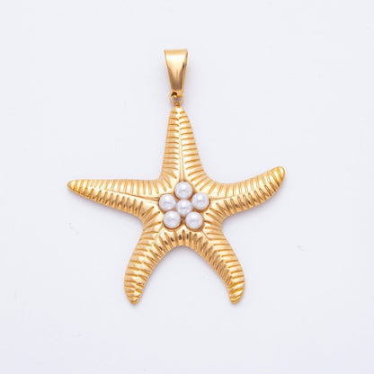 Stainless Steel Shell Pearl Lined Ribbed Starfish Pendant | J541