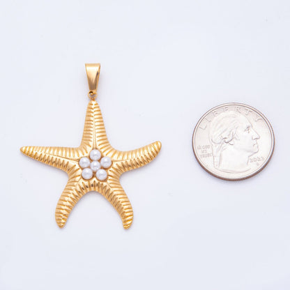 Stainless Steel Shell Pearl Lined Ribbed Starfish Pendant | J541