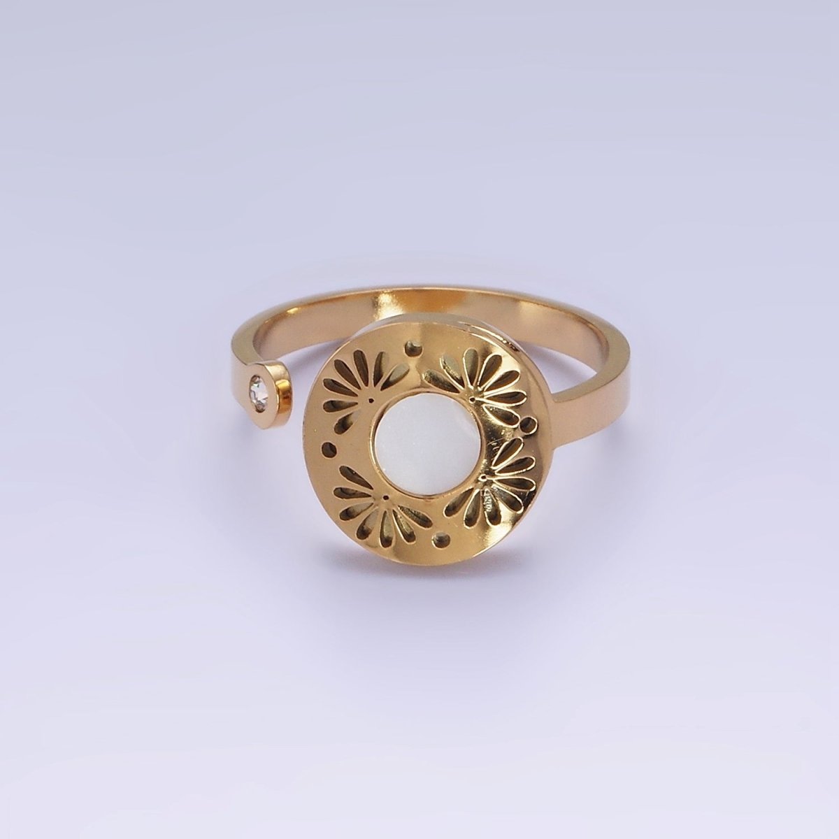 Stainless Steel Shell Pearl Open Flower Petal Filigree Round CZ Wrap Ring | O1297