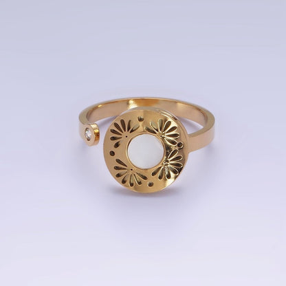 Stainless Steel Shell Pearl Open Flower Petal Filigree Round CZ Wrap Ring | O1297
