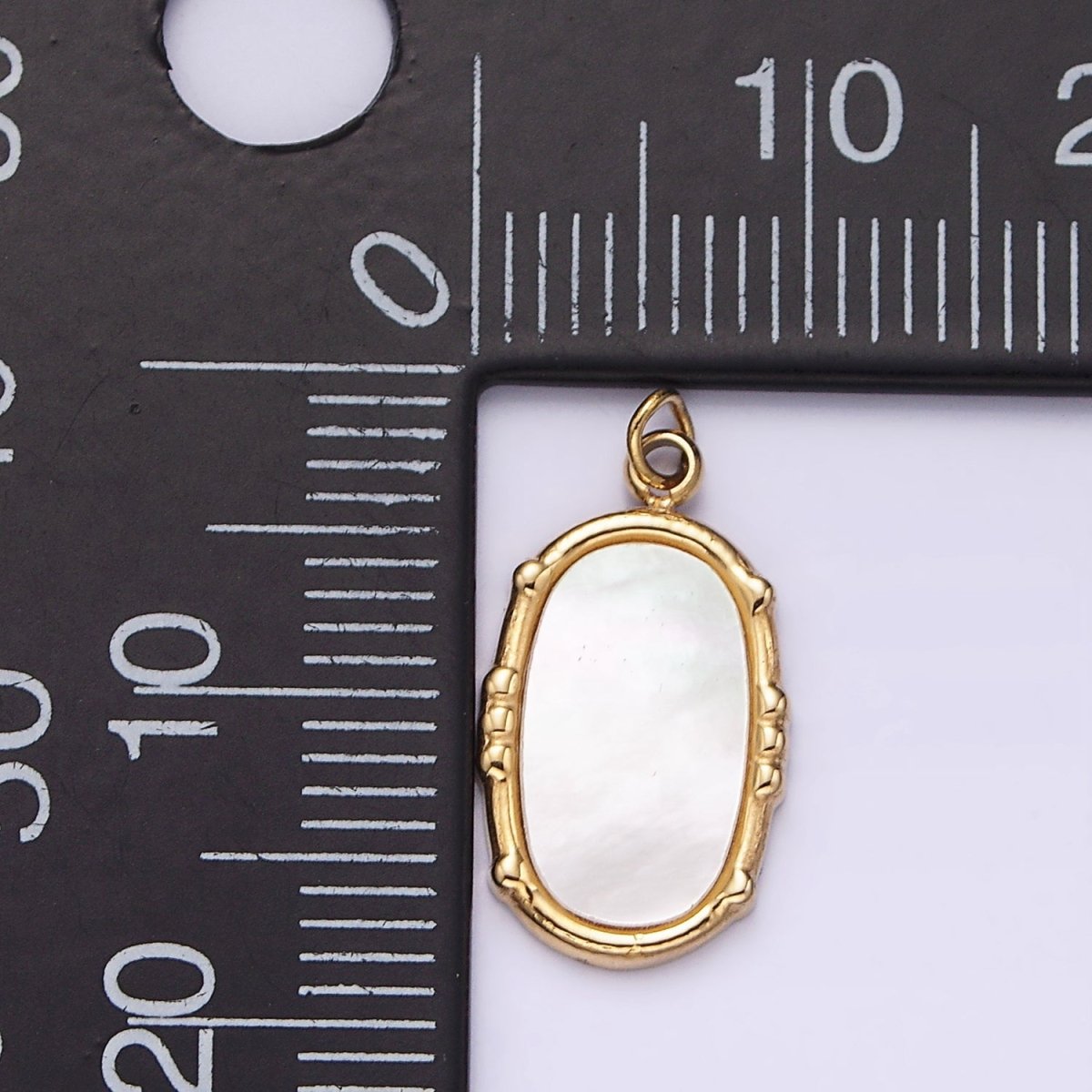 Stainless Steel Shell Pearl Oval Dot Bezel Charm in Gold &amp; Silver | P1318