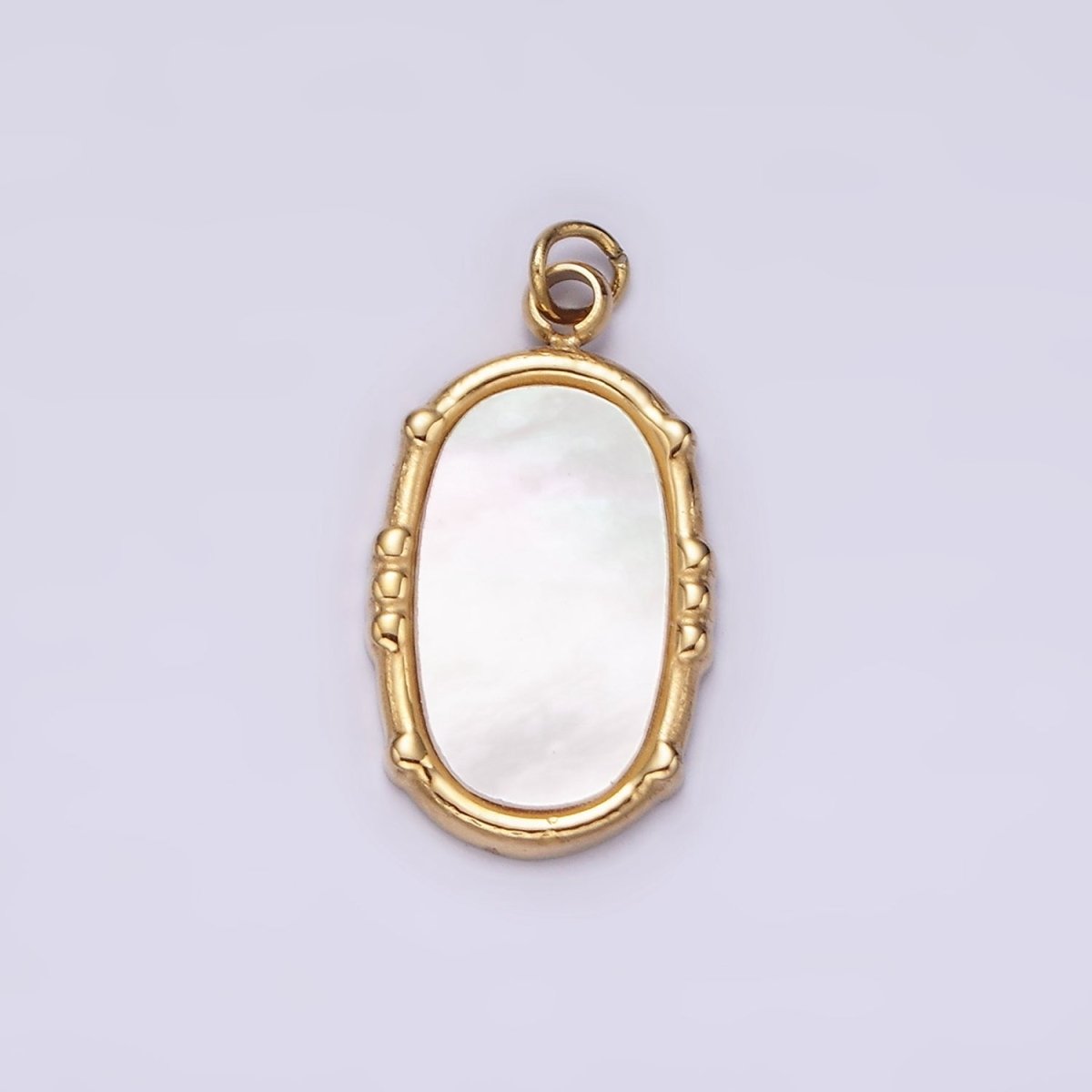 Stainless Steel Shell Pearl Oval Dot Bezel Charm in Gold &amp; Silver | P1318