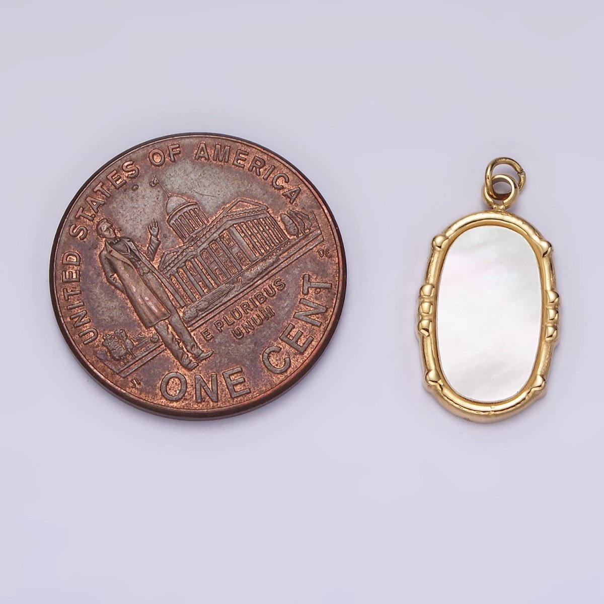 Stainless Steel Shell Pearl Oval Dot Bezel Charm in Gold &amp; Silver | P1318