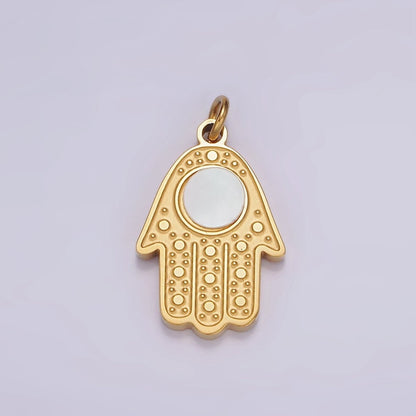 Stainless Steel Shell Pearl Round Hamsa Hand God Evil Eye Dotted Charm | P-665