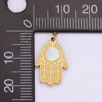 Stainless Steel Shell Pearl Round Hamsa Hand God Evil Eye Dotted Charm | P-665