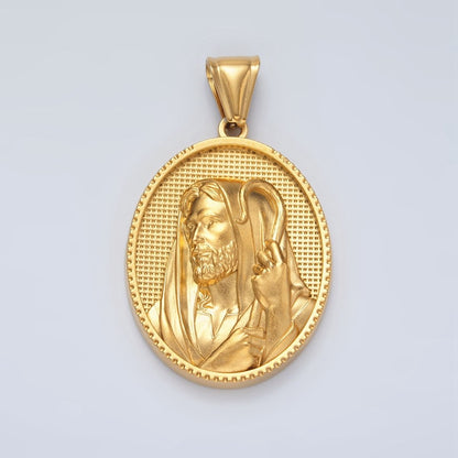 Stainless Steel Shepard Jesus Christ Religious Figure Textured Oval Pendant | P1469