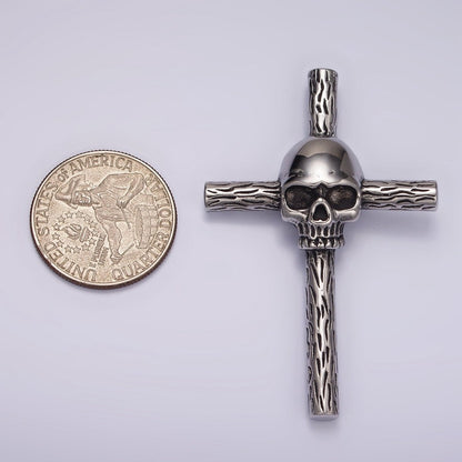 Stainless Steel Skeleton Skull Wood Line-Textured Cross Oxidized Pendant | P1179