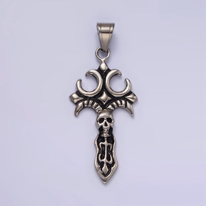 Stainless Steel Skull Skelton Fleury Cross Knife Sword Pendant | P-818