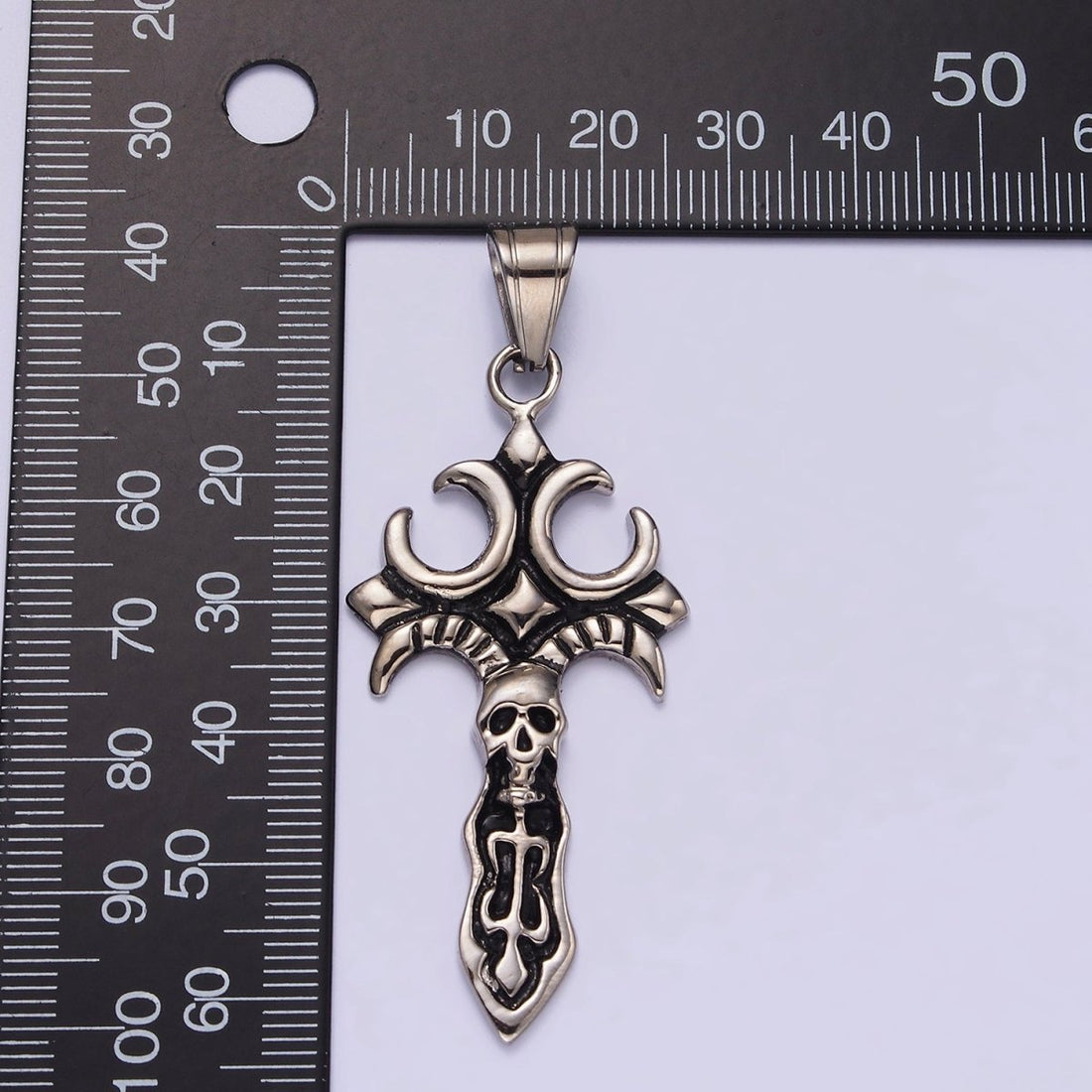 Stainless Steel Skull Skelton Fleury Cross Knife Sword Pendant | P-818
