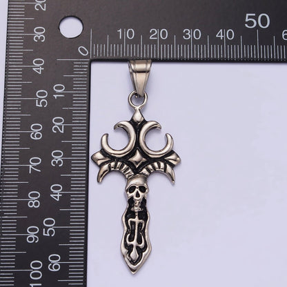 Stainless Steel Skull Skelton Fleury Cross Knife Sword Pendant | P-818
