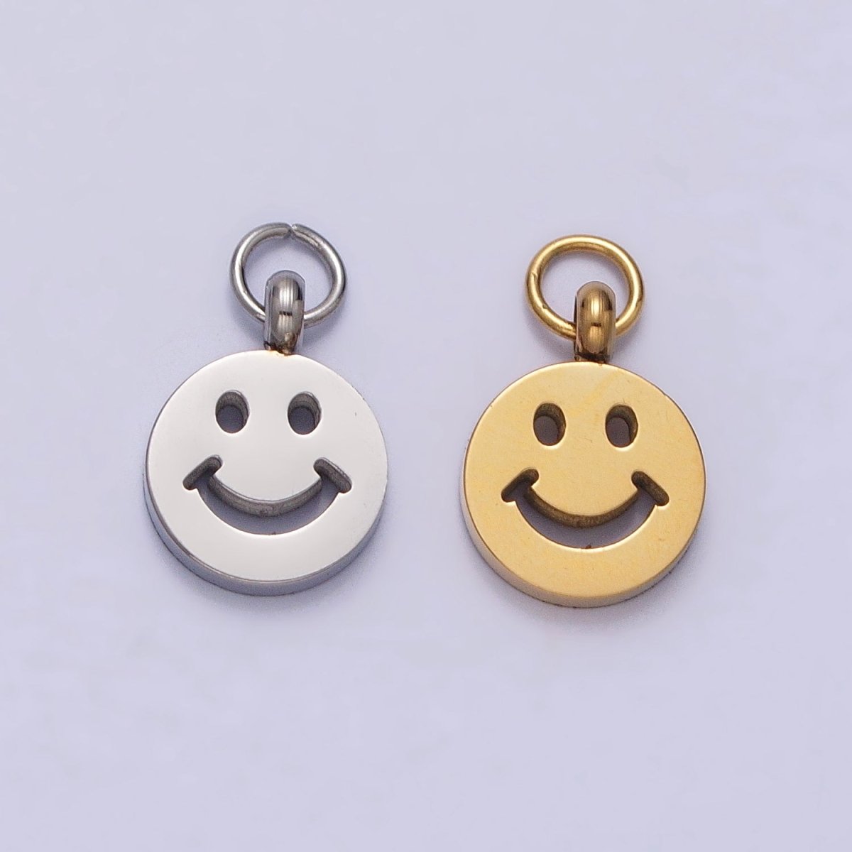 Stainless Steel Smiley Face 8mm, 12mm Round Charm in Gold &amp; Silver | P-882 P-883