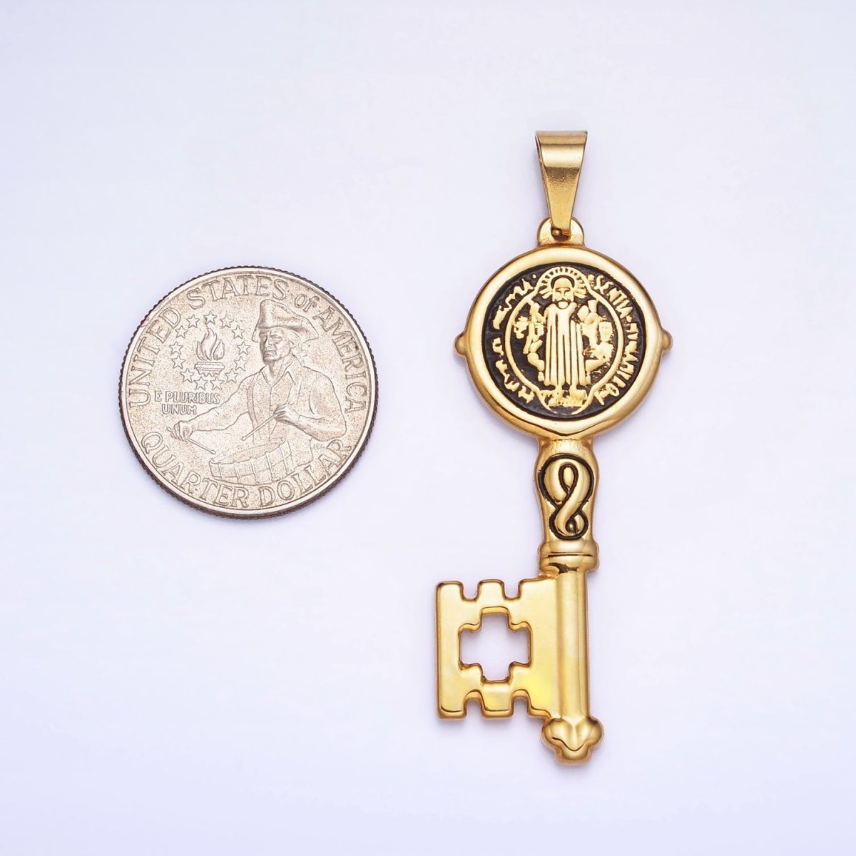 Stainless Steel SMQLIVB PAX VRSNSMV Saint Benedict Double Sided Engraved Key Pendant in Gold &amp; Silver | P-1089 P-1090